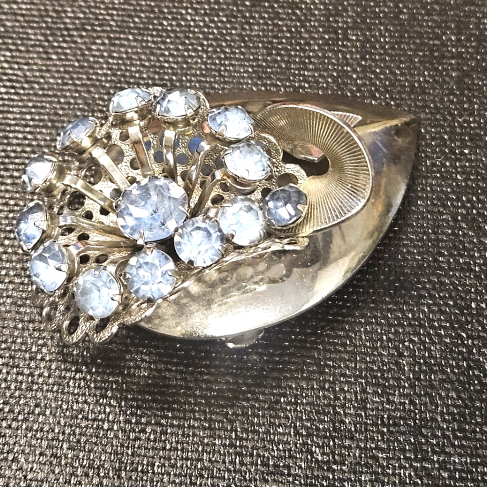 Vtg Art Deco Floral Light Blue Rhinestone Silver Tone Abstract Brooch Pin - Picture 4 of 6